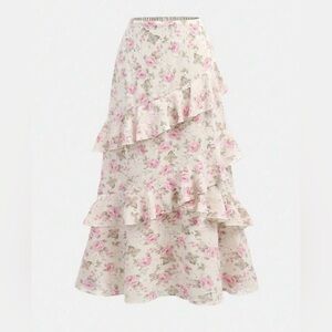 Floral Ruffle Midi Skirt - Pink and Cream